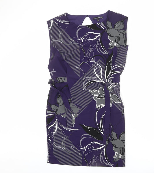 NEXT Womens Purple Geometric Polyester Pencil Dress Size 10 Round Neck Button - Floral Print