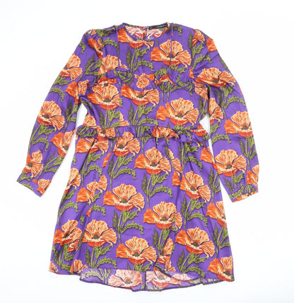 Sfera Womens Purple Floral Polyester A-Line Size M Round Neck Zip