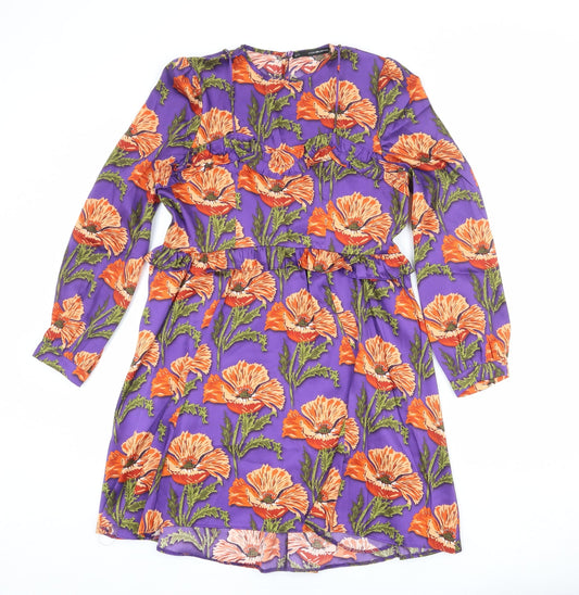 Sfera Womens Purple Floral Polyester A-Line Size M Round Neck Zip