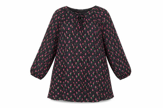 Front view of Sfera women’s black geometric polyester a-line, size S, v-neck lace up