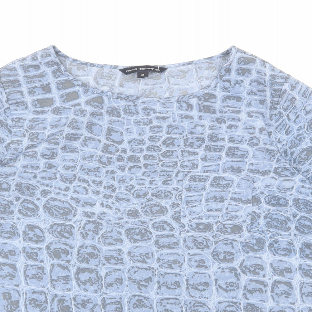 French Connection Womens Blue Geometric Polyester Basic T-Shirt Size M Round Neck