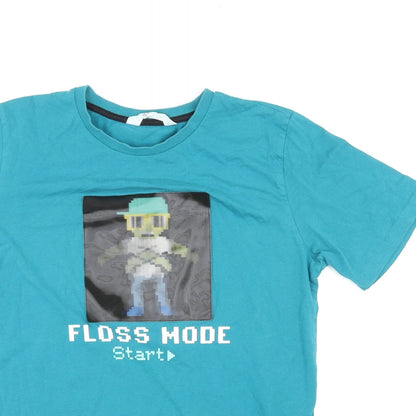 H&M Boys Blue Cotton Basic T-Shirt Size 12-13 Years Round Neck Pullover - Floss Mode