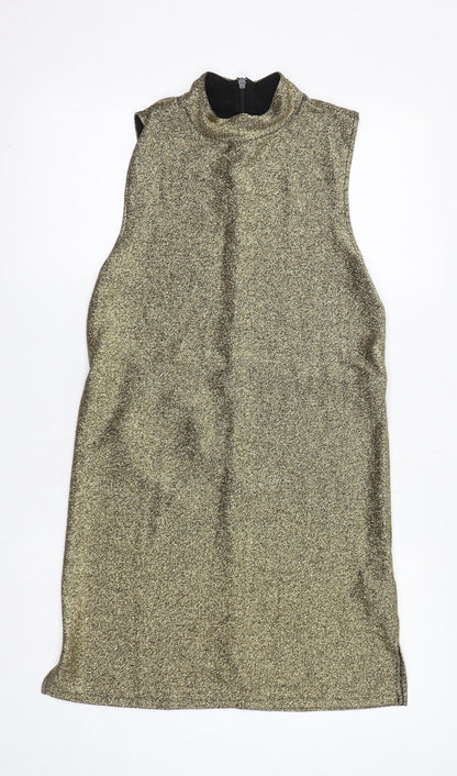 Topshop Womens Gold Viscose A-Line Size 10 Mock Neck Zip