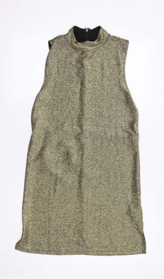 Topshop Womens Gold Viscose A-Line Size 10 Mock Neck Zip