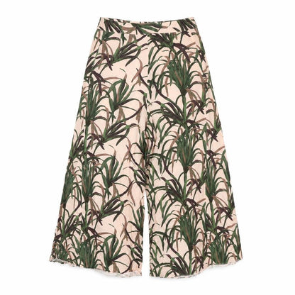 Front view of ASOS women’s pink geometric viscose cropped trousers, size UK 10, 20-inch leg regular zip - plant print