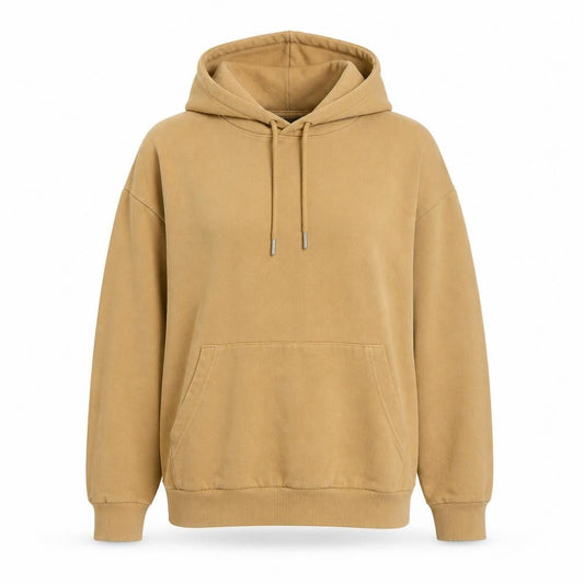 Front view of ASOS women’s beige cotton pullover hoodie, size XS, pullover