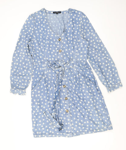 Velvet Heart Womens Blue Fair Isle Cotton Shirt Dress Size S V-Neck Button