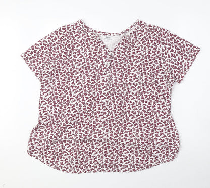 bonprix Womens Purple Geometric 100% Cotton Basic T-Shirt Size L Henley - Butterfly