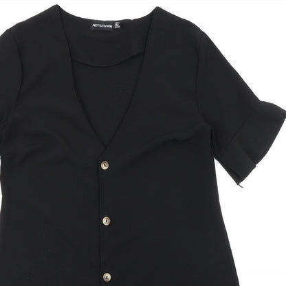 PRETTYLITTLETHING Womens Black Polyester A-Line Size 8 V-Neck Button