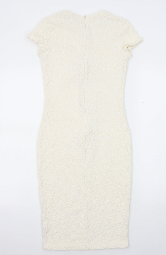 River Island Womens Ivory Geometric Polyester Pencil Dress Size 8 Round Neck Zip