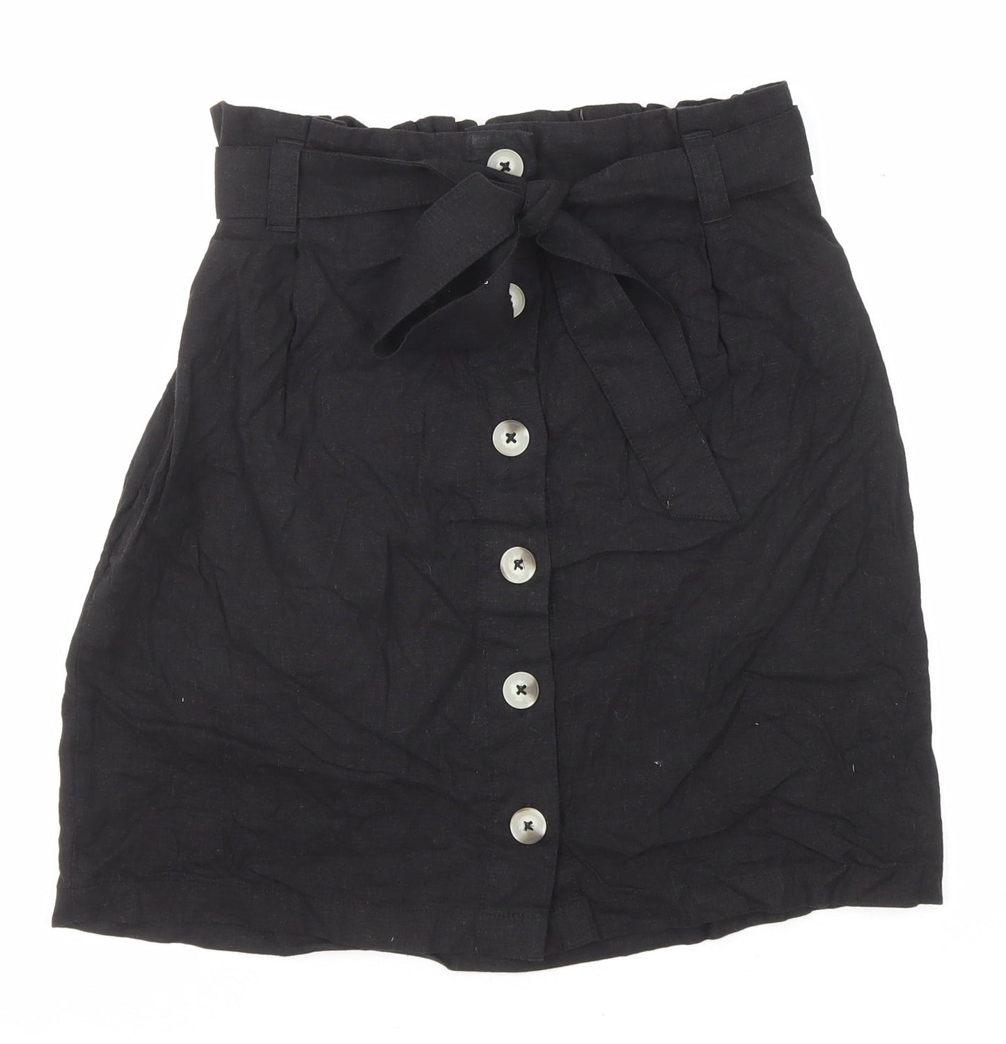 New Look Womens Black Linen A-Line Skirt Size 8 Button - Belt included