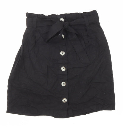 New Look Womens Black Linen A-Line Skirt Size 8 Button - Belt included