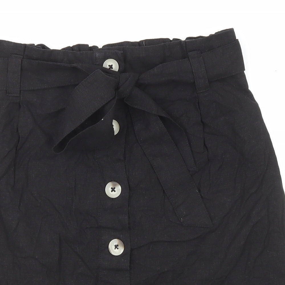 New Look Womens Black Linen A-Line Skirt Size 8 Button - Belt included