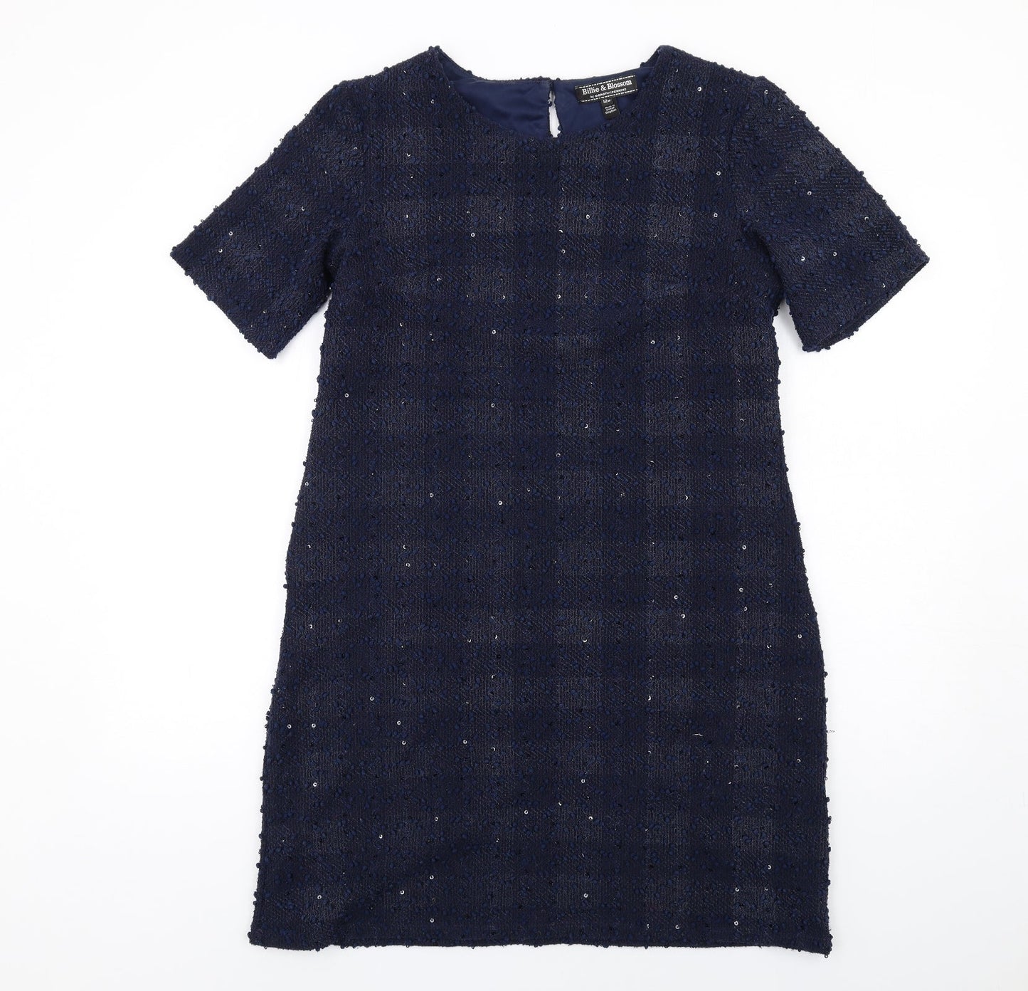 Dorothy Perkins Womens Blue Check Polyester A-Line Size 12 Round Neck Button