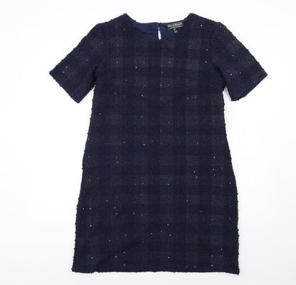 Dorothy Perkins Womens Blue Check Polyester A-Line Size 12 Round Neck Button