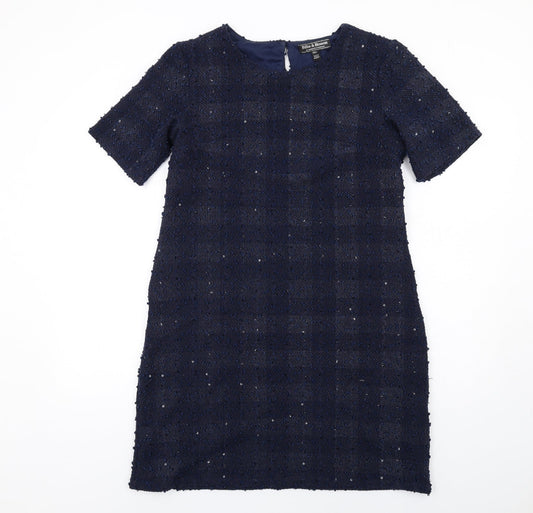Dorothy Perkins Womens Blue Check Polyester A-Line Size 12 Round Neck Button