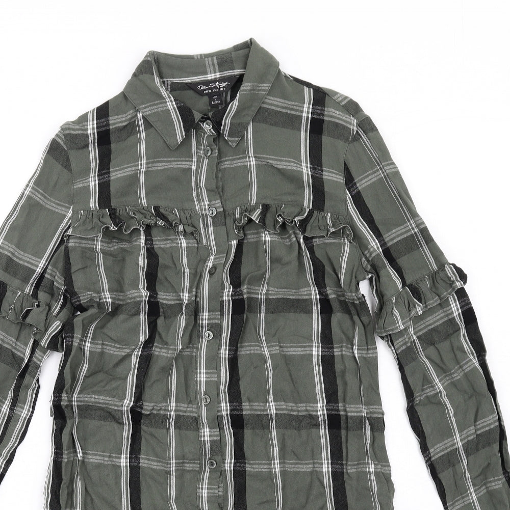 Miss Selfridge Womens Green Plaid Viscose Shirt Dress Size 8 Collared Button