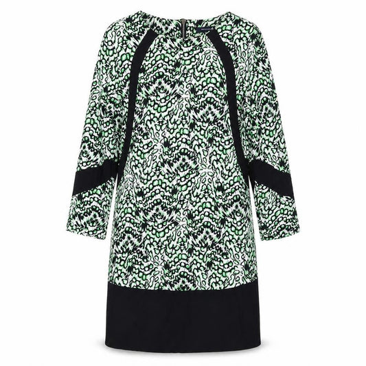 Front view of French Connection women’s multicoloured geometric viscose a-line, size UK 10, boat neck zip