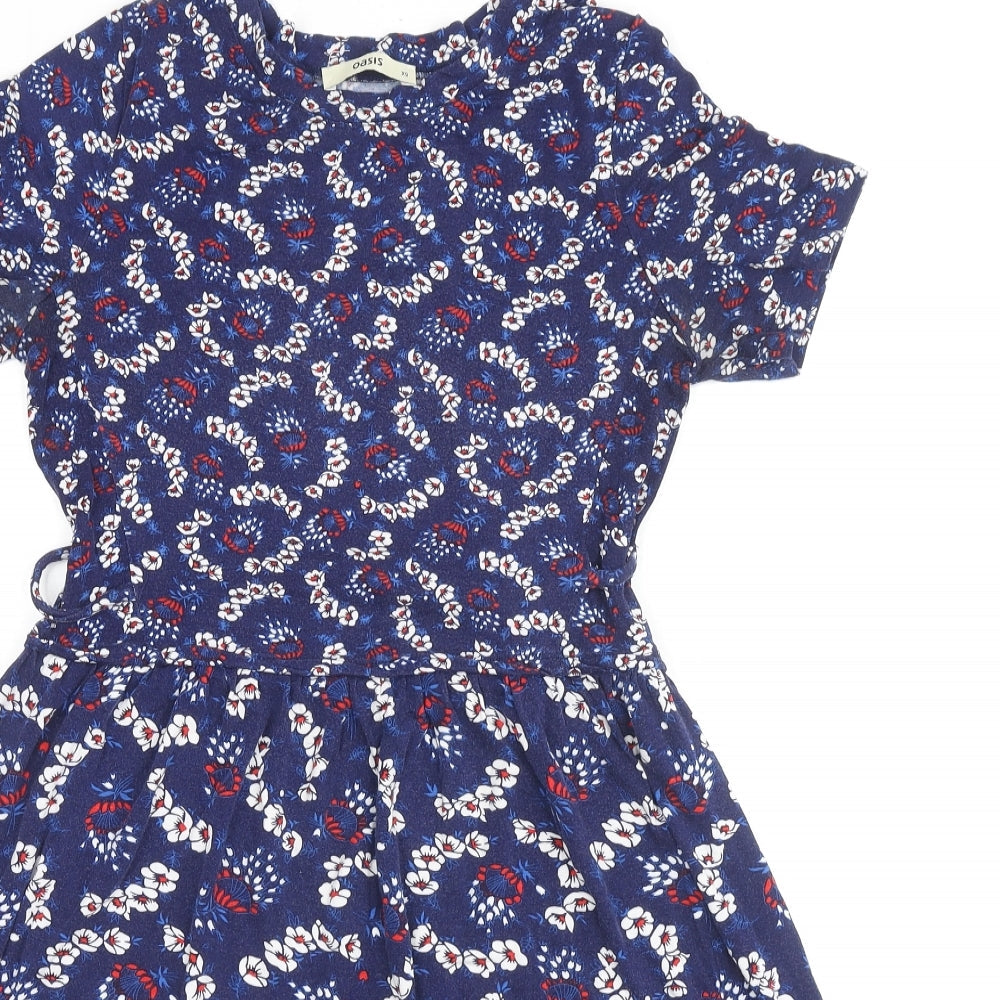 Oasis Womens Blue Geometric Viscose A-Line Size XS Round Neck Pullover