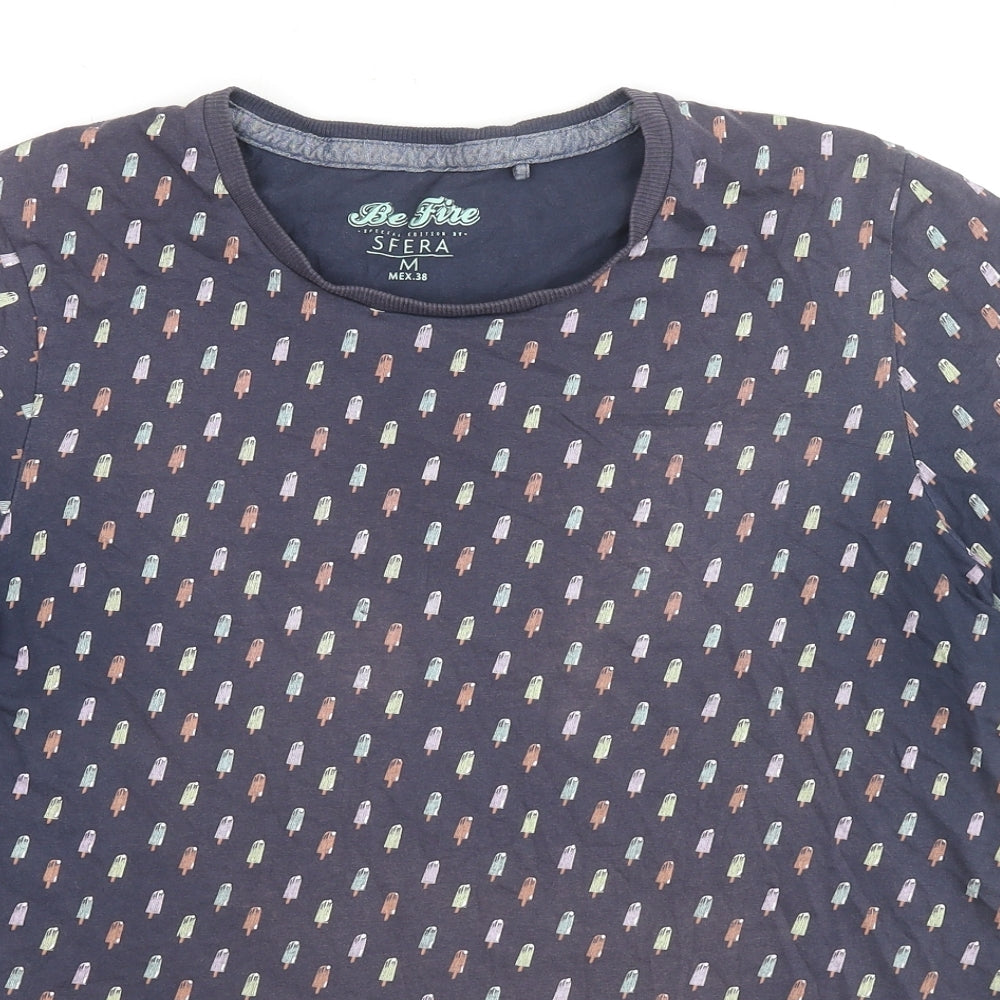 Sfera Mens Blue Geometric Cotton T-Shirt Size M Round Neck - Ice Lolly Print