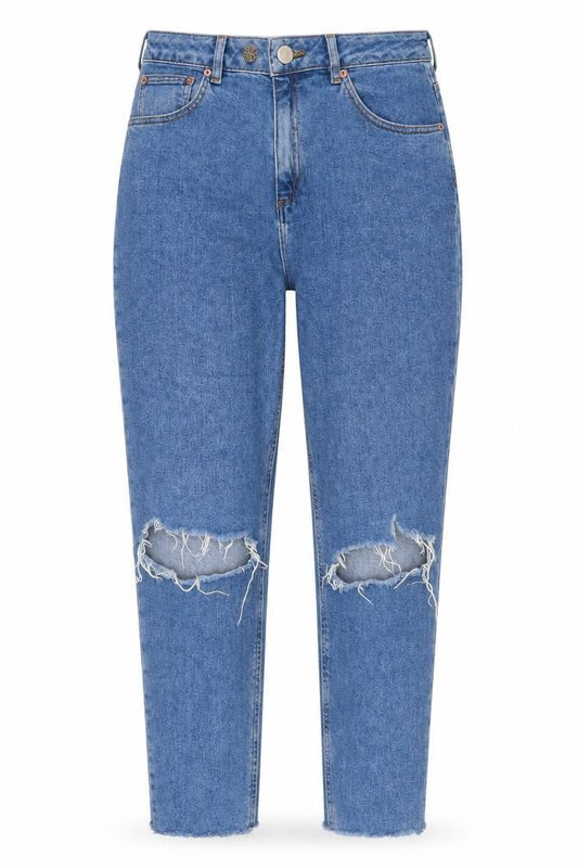 Front view of ASOS women’s blue cotton straight jeans, size UK 30, in, 30-inch leg regular zip