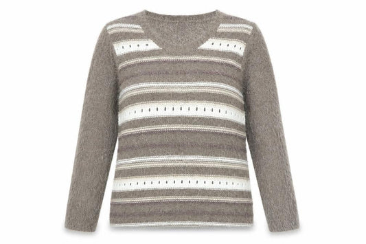 Front view of Alexara women’s brown round neck striped acrylic jumper, size M