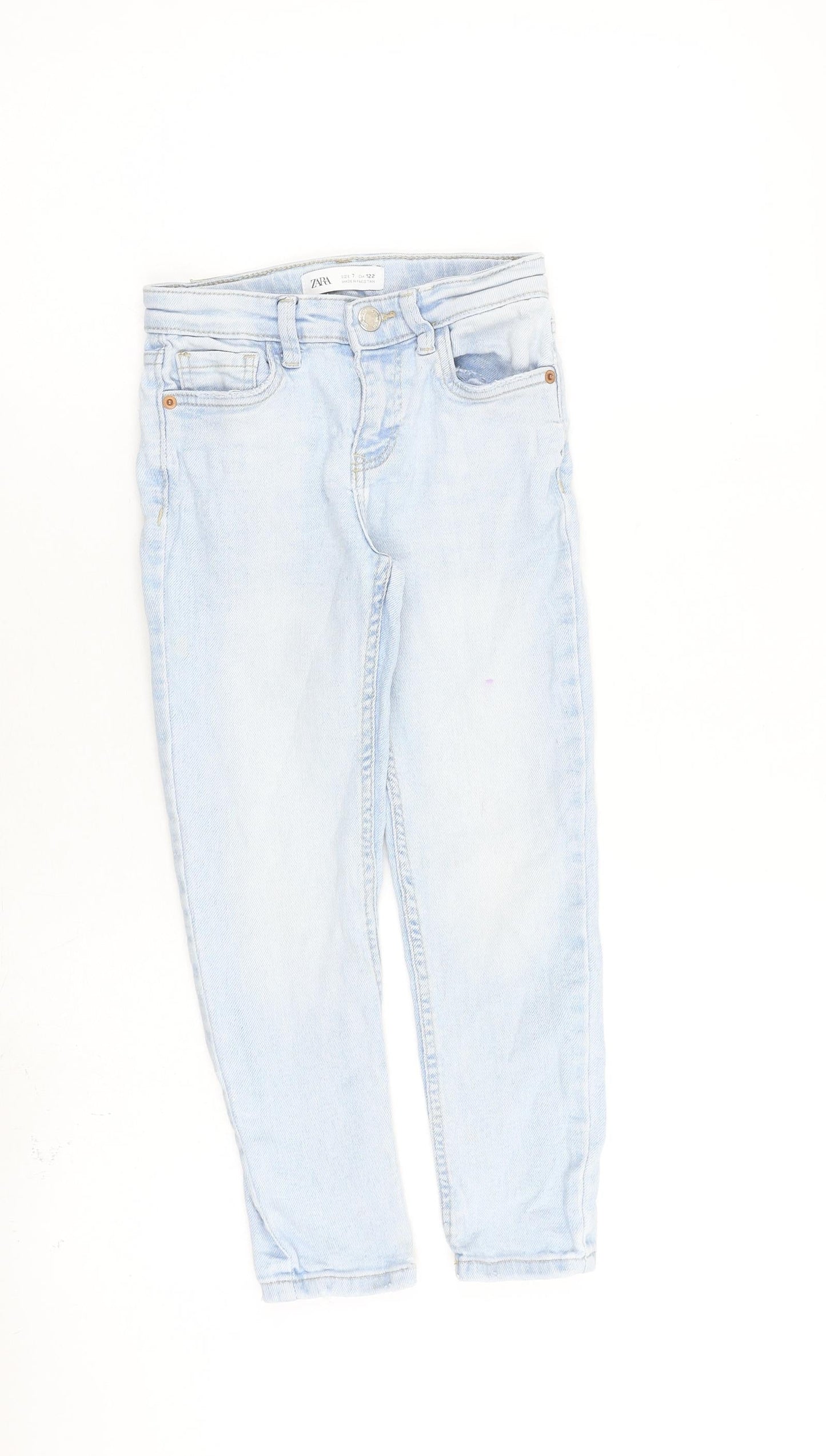 Zara Girls Blue 100% Cotton Boyfriend Jeans Size 7 Years Regular Zip