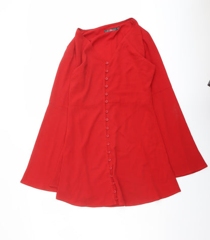 Missguided Womens Red Polyester A-Line Size 8 V-Neck Button - Bell Sleeve