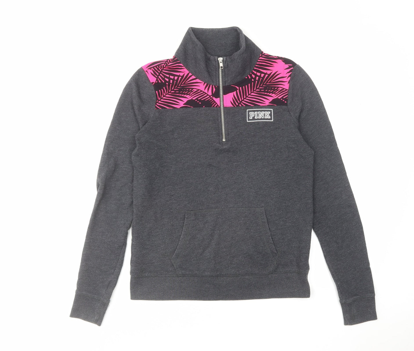 PINK Womens Grey Cotton Pullover Sweatshirt Size XS Zip - Leaf Pattern Detail