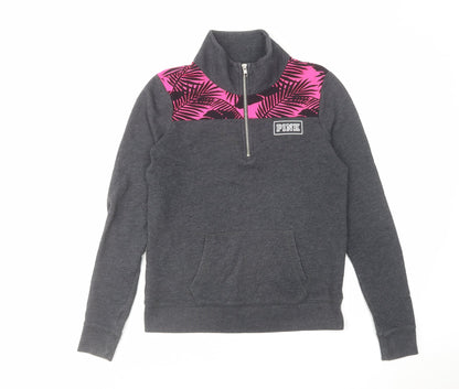 PINK Womens Grey Cotton Pullover Sweatshirt Size XS Zip - Leaf Pattern Detail