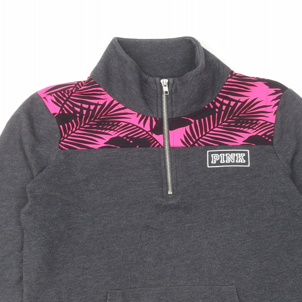 PINK Womens Grey Cotton Pullover Sweatshirt Size XS Zip - Leaf Pattern Detail