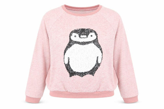 River Island Womens Pink Cotton Pullover Sweatshirt Size 10 Pullover - Revisable Sequin Penguin