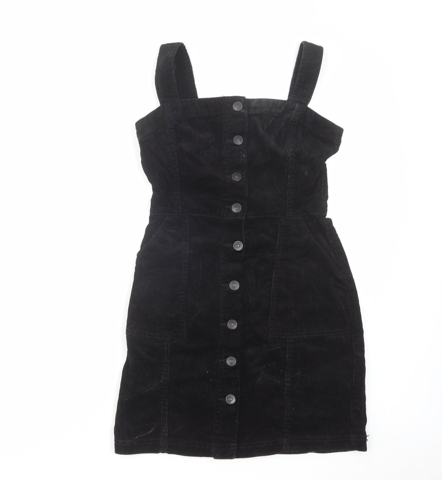 H&M Womens Black Cotton Pinafore/Dungaree Dress Size 4 Square Neck Button