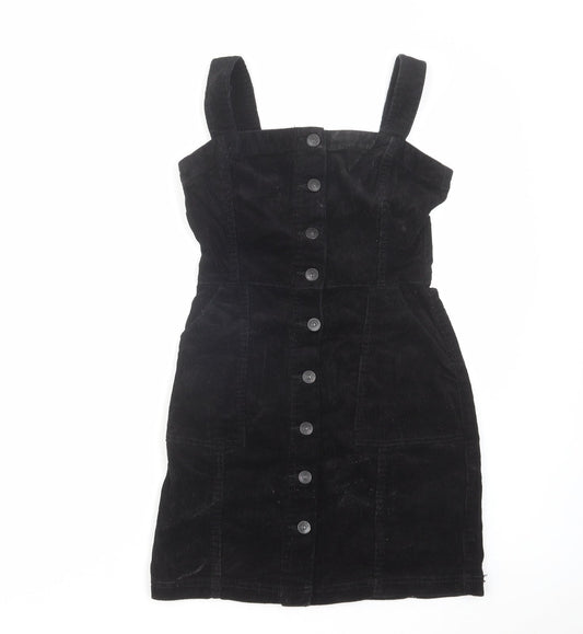 H&M Womens Black Cotton Pinafore/Dungaree Dress Size 4 Square Neck Button