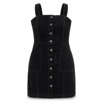 H&M Womens Black Cotton Pinafore/Dungaree Dress Size 4 Square Neck Button