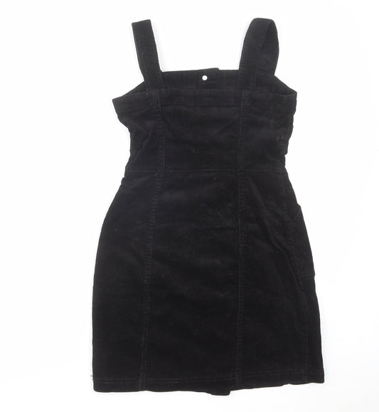 H&M Womens Black Cotton Pinafore/Dungaree Dress Size 4 Square Neck Button