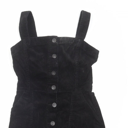 H&M Womens Black Cotton Pinafore/Dungaree Dress Size 4 Square Neck Button