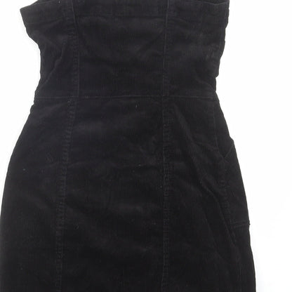 H&M Womens Black Cotton Pinafore/Dungaree Dress Size 4 Square Neck Button