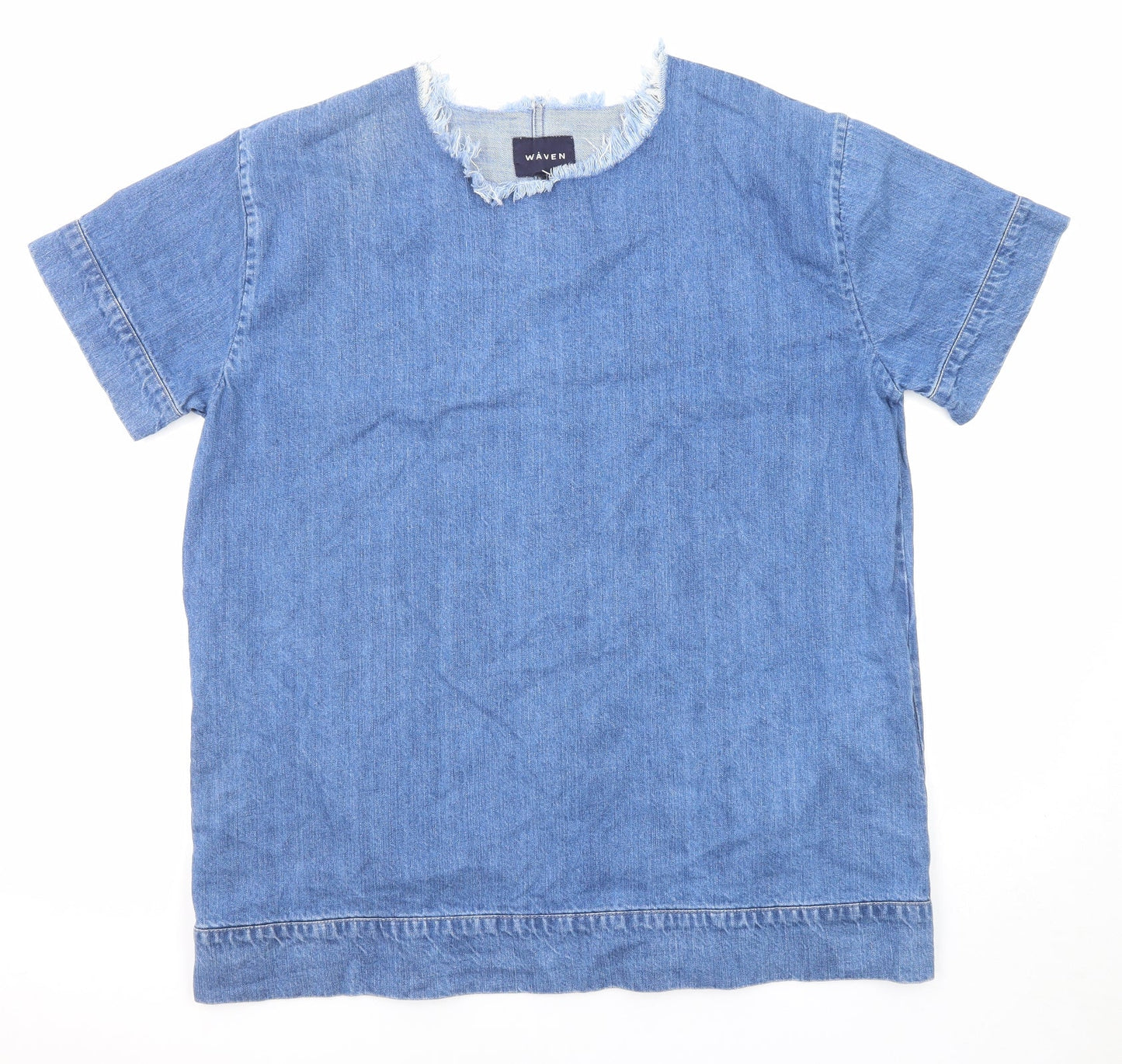 Waven Womens Blue Cotton T-Shirt Dress Size S Round Neck Pullover - Distressed Neckline