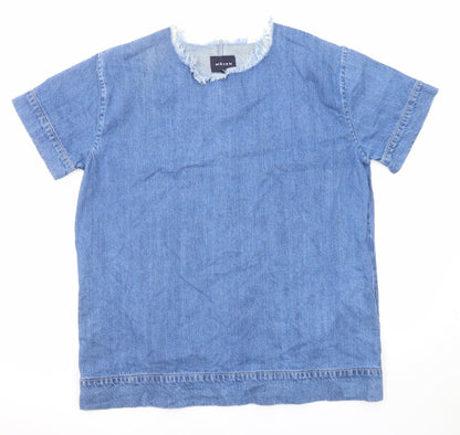 Waven Womens Blue Cotton T-Shirt Dress Size S Round Neck Pullover - Distressed Neckline