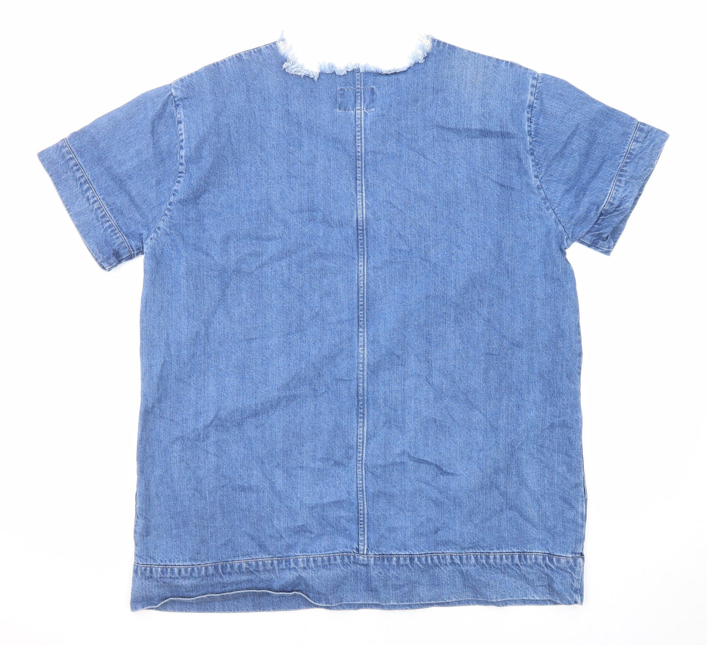 Waven Womens Blue Cotton T-Shirt Dress Size S Round Neck Pullover - Distressed Neckline