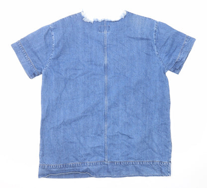Waven Womens Blue Cotton T-Shirt Dress Size S Round Neck Pullover - Distressed Neckline