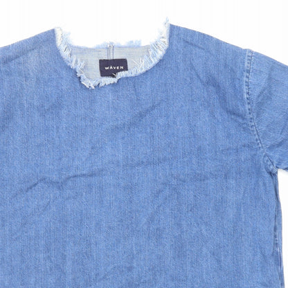 Waven Womens Blue Cotton T-Shirt Dress Size S Round Neck Pullover - Distressed Neckline