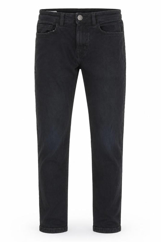 Front view of Denim & Co. men’s black cotton tapered jeans, size 28, in, 32-inch leg regular zip