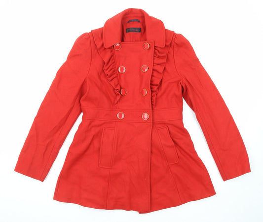 Miss Selfridge Womens Red Overcoat Coat Size 12 Button - Ruffle Detail