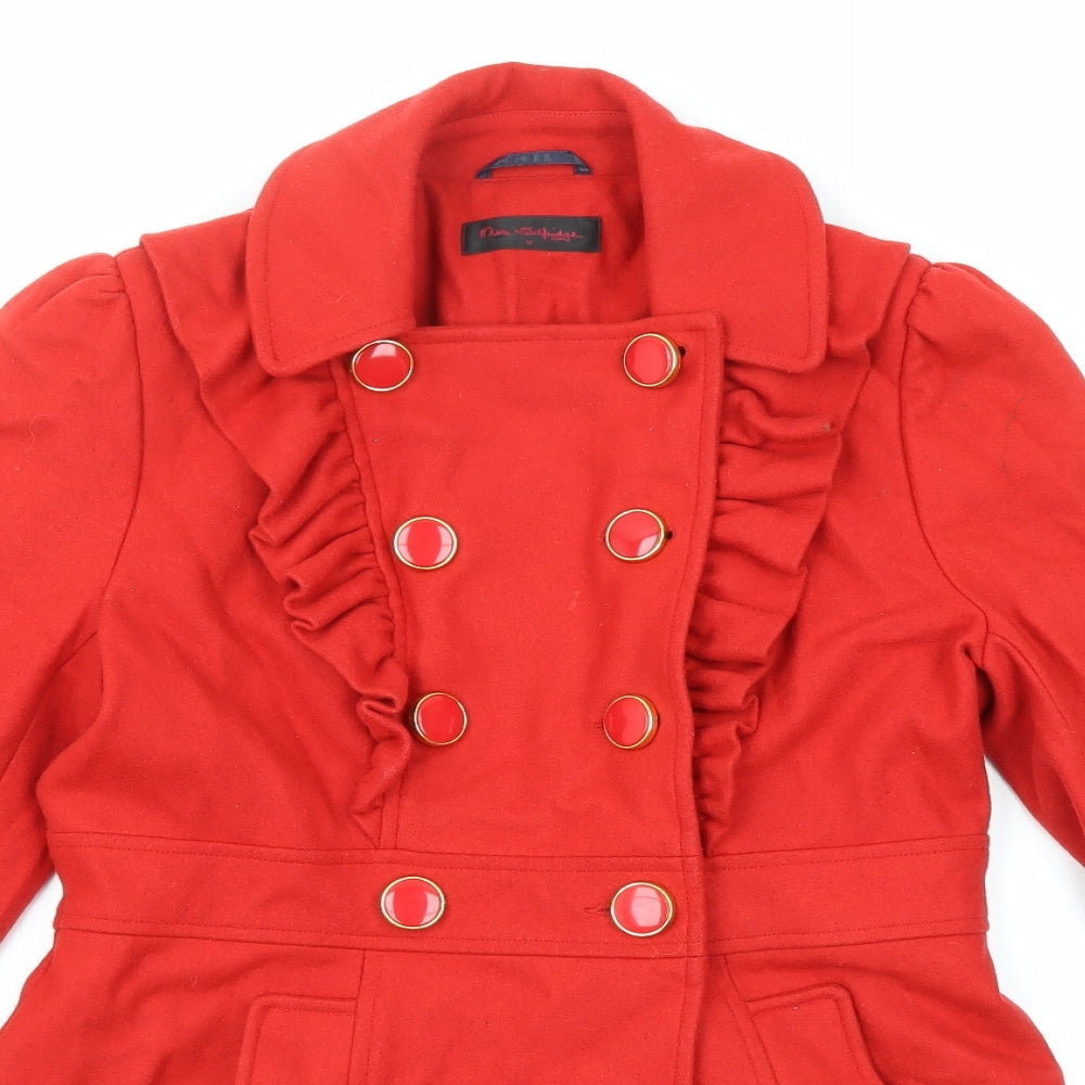 Miss Selfridge Womens Red Overcoat Coat Size 12 Button - Ruffle Detail