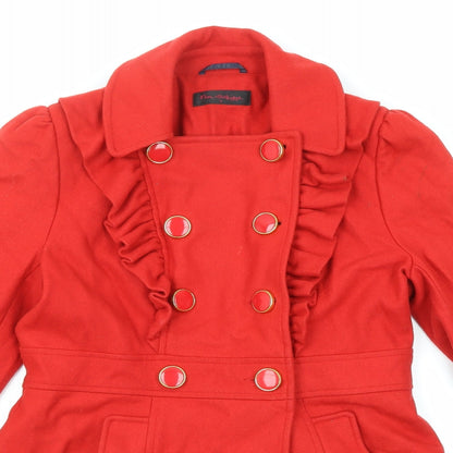 Miss Selfridge Womens Red Overcoat Coat Size 12 Button - Ruffle Detail