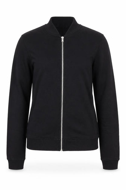 Front view of Missguided women’s black polyester full zip sweatshirt, size UK 6, zip