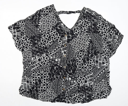 M&Co Womens Black Geometric Viscose Basic Blouse Size 24 V-Neck