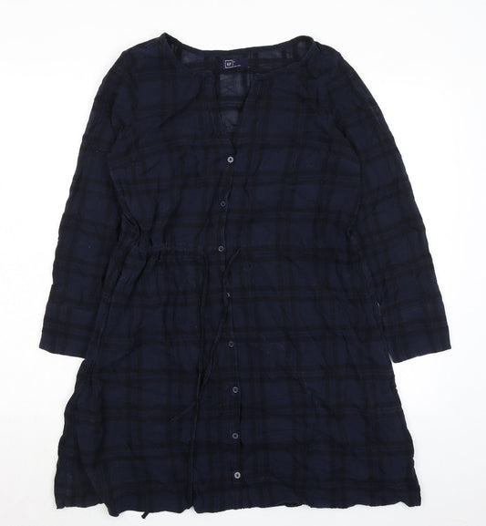 Gap Womens Blue Plaid Chlorofibre Trapeze & Swing Size S V-Neck Button - Drawstring Waist